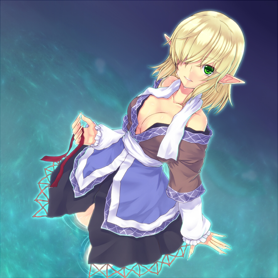 bare_shoulders, blonde_hair, breasts, cleavage, collarbone, dutch_angle, green_eyes, hair_over_one_eye
