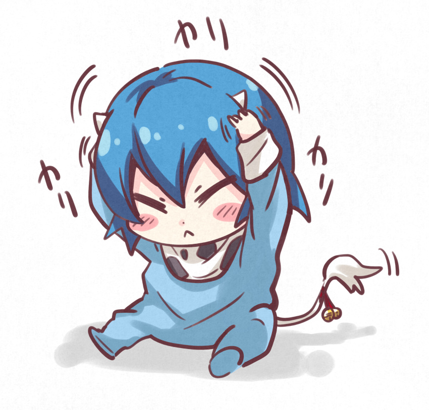 1girl, :<, aged_down, animal_print, bell, blue_hair, blush_stickers, closed_eyes