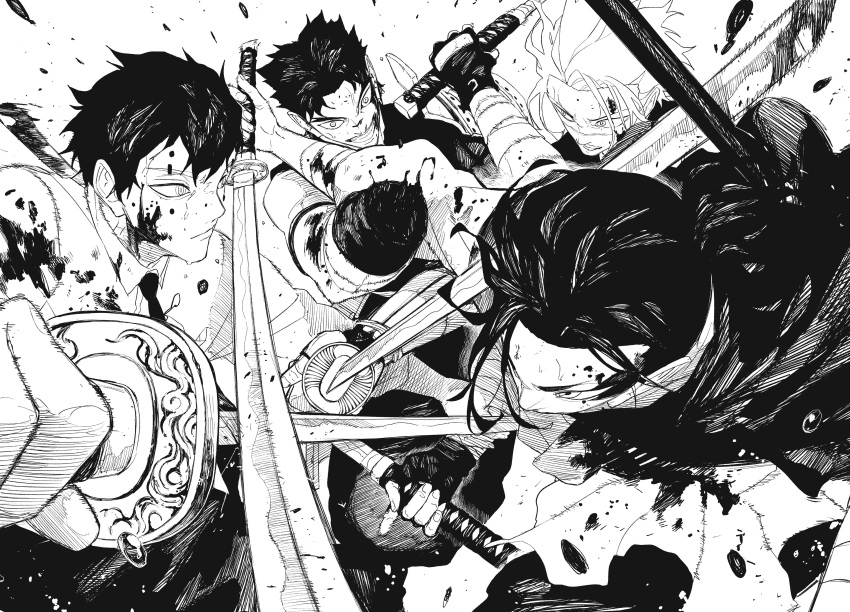 4boys, absurdres, amputee, battle, black_hair, bleeding, blood, blood_on_arm
