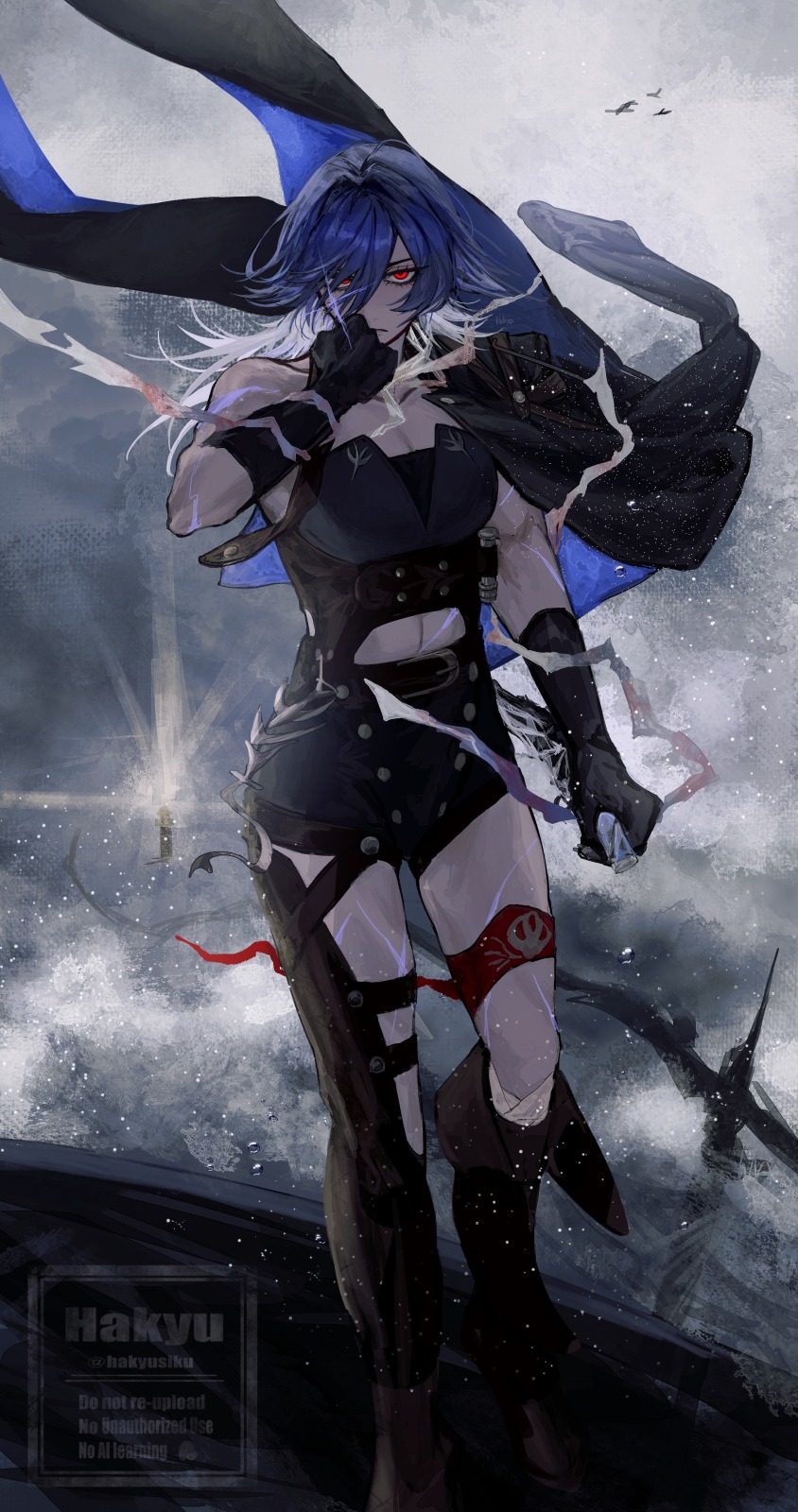 1girl, black_jacket, blue_hair, floating_jacket, full_body, hakyusiku, highres, jacket