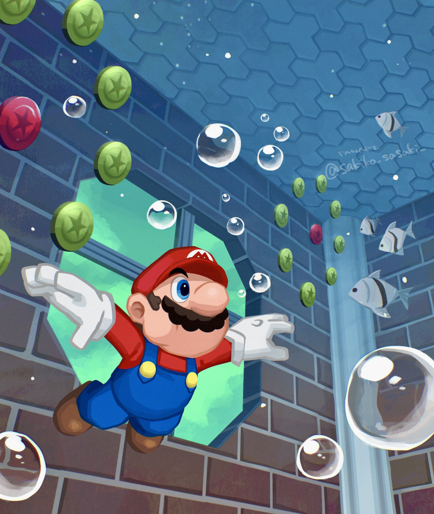 absurdres, blue_eyes, brick_wall, bubble, coin, facial_hair, fish, gloves