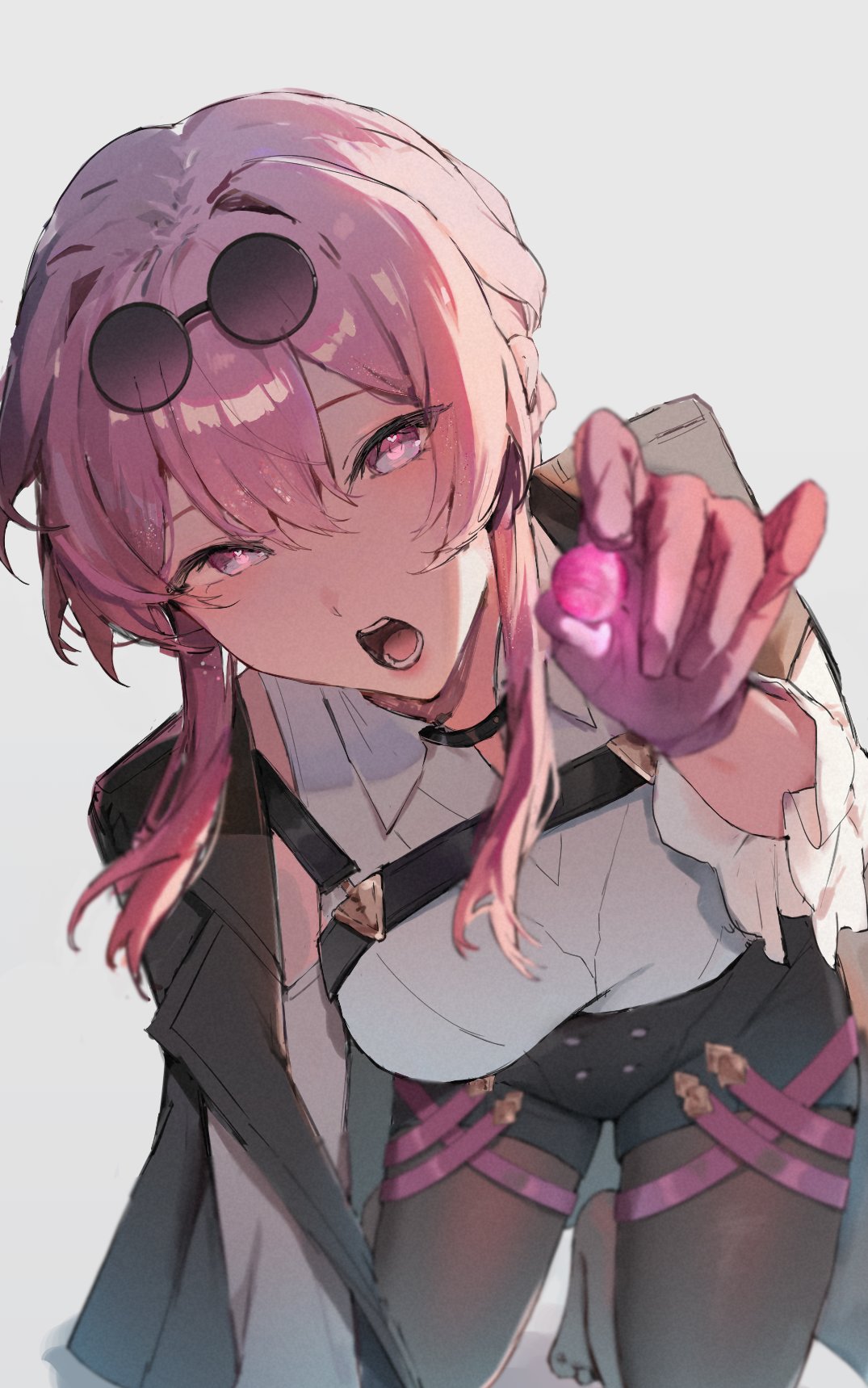 1girl, all_fours, black_jacket, black_pantyhose, black_shorts, breasts, candy, chest_harness