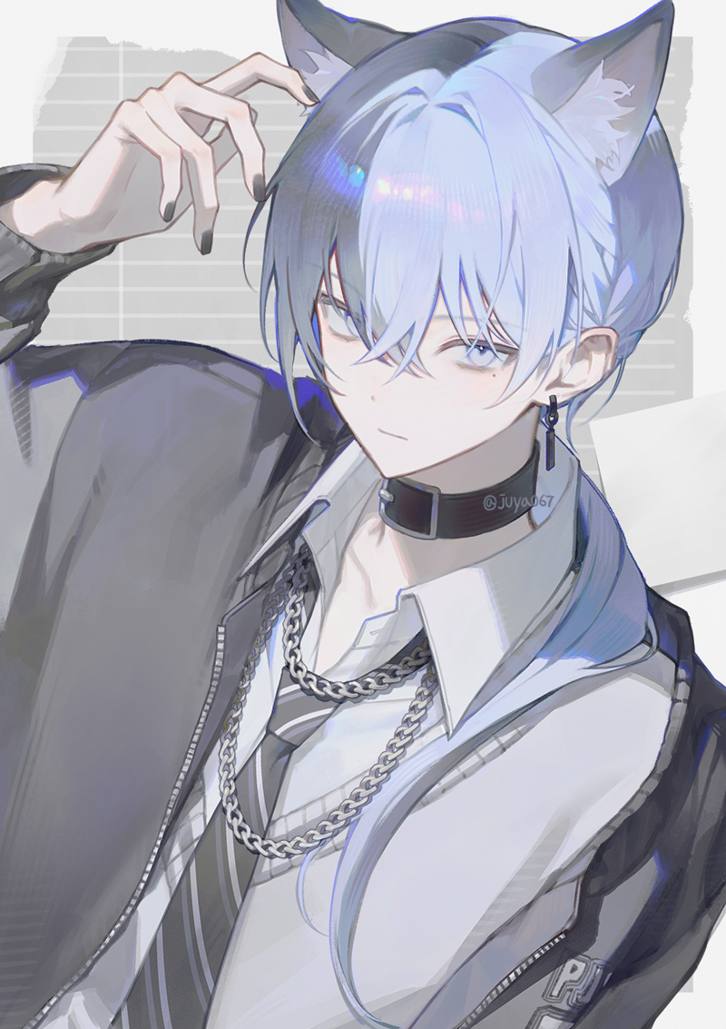 1boy, aim_higher_and_higher!_(project_sekai), animal_ears, aoyagi_touya, arm_up, belt, belt_buckle, belt_collar, black_belt, black_jacket, black_nails, blue_eyes, blue_hair, buckle, cat_ears, chain, chain_necklace, closed_mouth, collar, collared_shirt, commentary, diagonal-striped_clothes, diagonal-striped_necktie, earrings, extra_ears, fingernails, jacket, jewelry, juya067, long_hair, long_sleeves, looking_at_viewer, male_focus, mole, mole_under_eye, multicolored_hair, nail_polish, necklace, necktie, official_alternate_hair_length, official_alternate_hairstyle, open_clothes, open_jacket, project_sekai, shirt, solo, split-color_hair, striped_clothes, symbol-only_commentary, twitter_username, two-tone_hair, upper_body, v-neck, vest