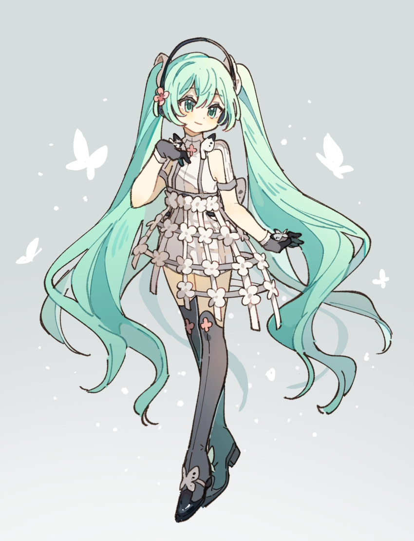 1girl, akoto_(akoto0228), aqua_eyes, aqua_hair, arm_at_side, bare_shoulders, black_boots, black_gloves