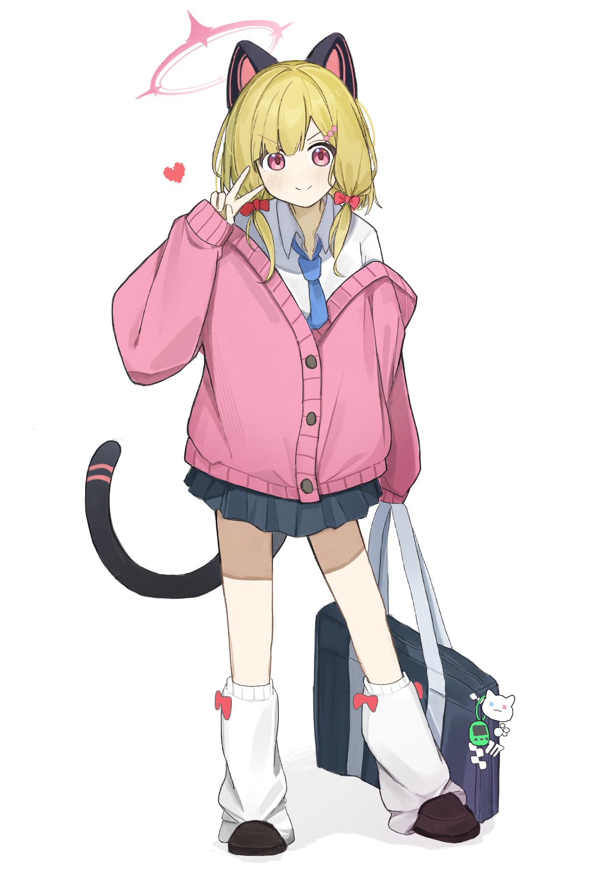 1girl, alternate_costume, animal_ear_headphones, animal_ears, bag, black_skirt, blonde_hair, blue_archive