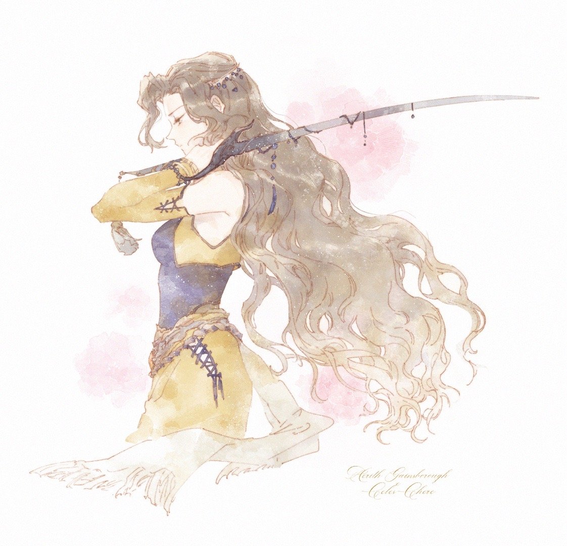 1girl, aerith_gainsborough, bare_shoulders, blue_shirt, breasts, brown_hair, celes_chere, celes_chere_(cosplay)
