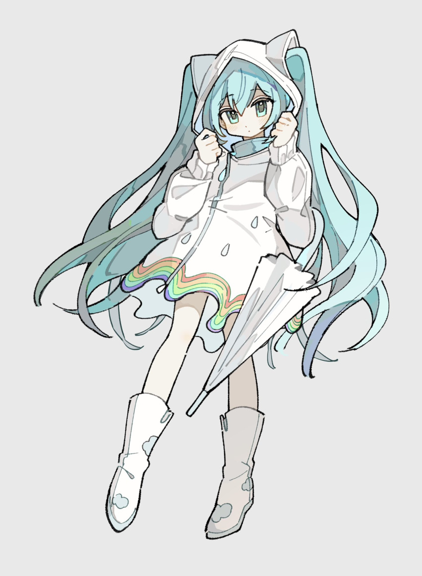 1girl, akoto_(akoto0228), animal_hood, aqua_eyes, aqua_hair, boots, cat_hood, clenched_hands