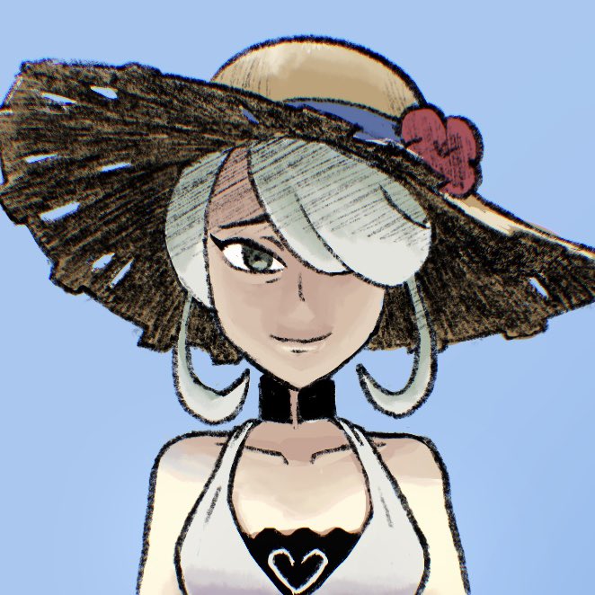 1girl, blue_background, cogita_(pokemon), collarbone, cosplay, cynthia_(pokemon), cynthia_(pokemon)_(cosplay), cynthia_(summer_2025)_(pokemon)