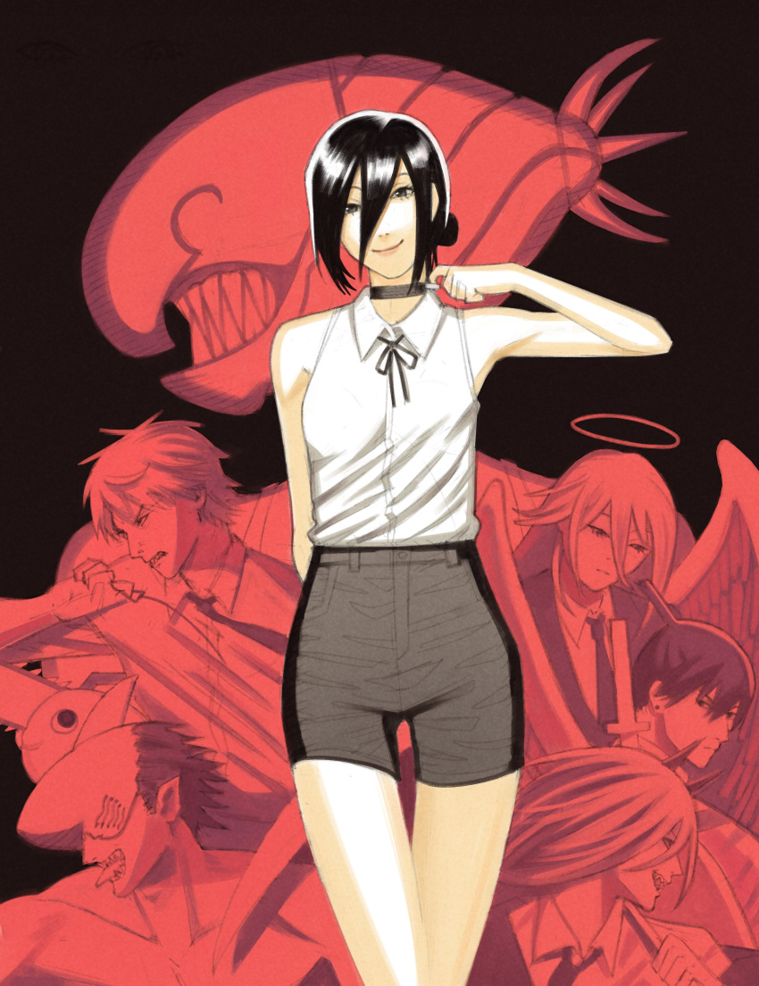2girls, 4boys, absurdres, angel, angel_devil_(chainsaw_man), beam_(chainsaw_man), black_choker, black_hair, black_shorts, bomb_devil_(chainsaw_man), chainsaw_man, choker, closed_mouth, collared_shirt, denji_(chainsaw_man), feathered_wings, grenade_pin, hair_between_eyes, hair_bun, halo, hayakawa_aki, highres, jacket, long_hair, looking_at_viewer, multiple_boys, multiple_girls, necktie, pochita_(chainsaw_man), power_(chainsaw_man), pull_string, shark_boy, sharp_teeth, shirt, short_hair, shorts, sleeveless, sleeveless_shirt, smile, suit_jacket, teeth, topknot, traditional_halo, white_shirt, wings, xyanaid