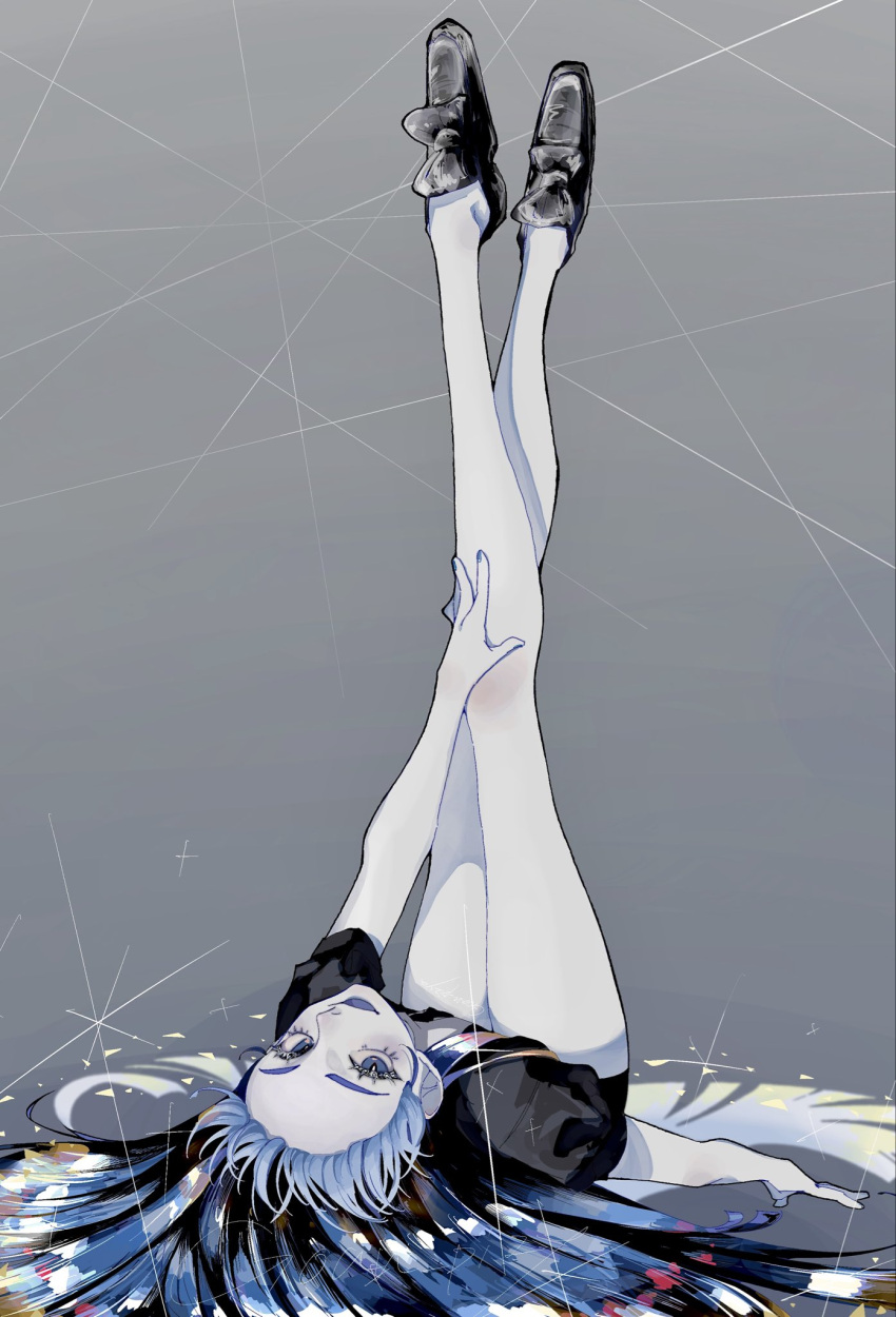1other, androgynous, black_necktie, blue_hair, colored_eyelashes, colored_skin, crystal_hair, gem_uniform_(houseki_no_kuni)