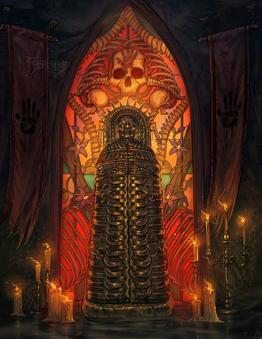 artist_name, candle, feyspeaker, fire, highres, indoors, iron_maiden, no_humans, solo, stained_glass, the_elder_scrolls, the_elder_scrolls_v:_skyrim, watermark