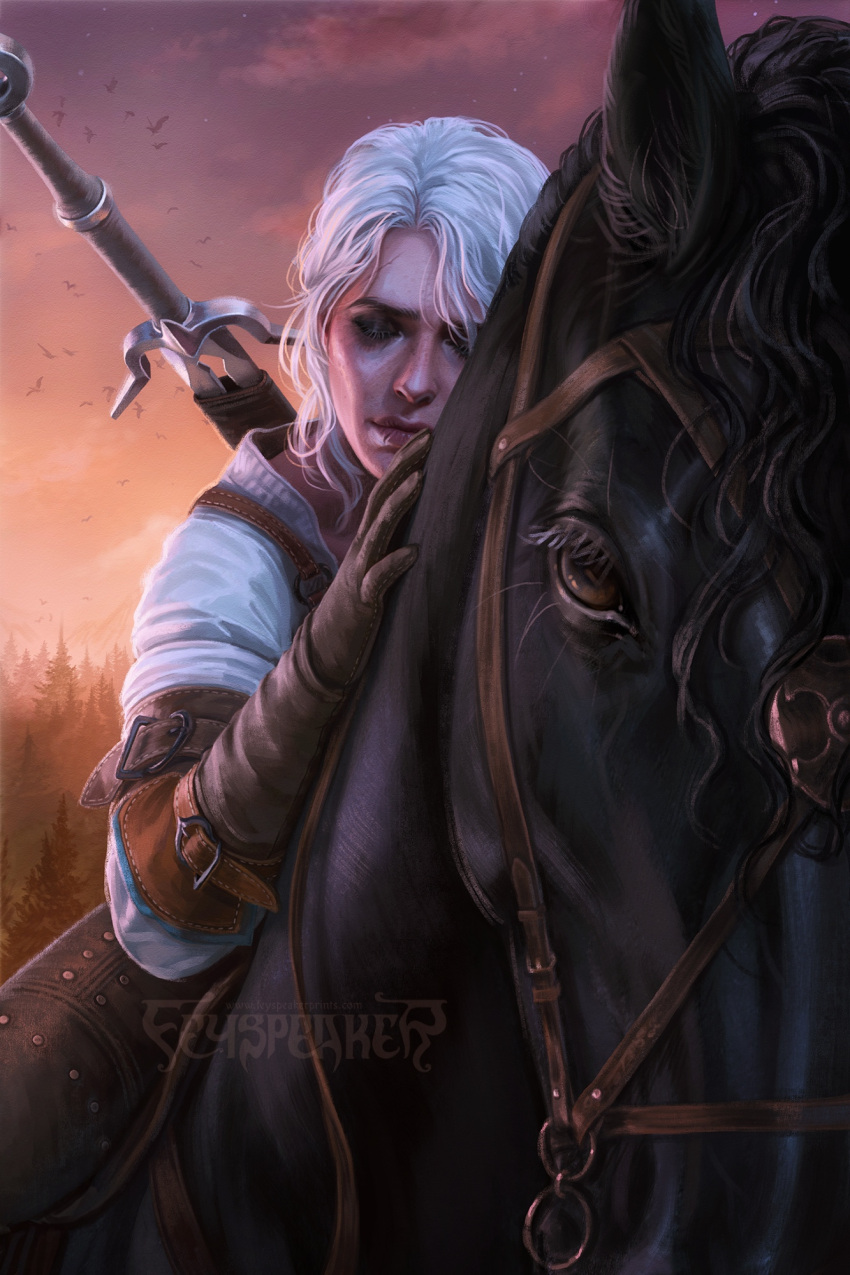 1girl, artist_name, brown_gloves, ciri, closed_eyes, feyspeaker, gloves, highres