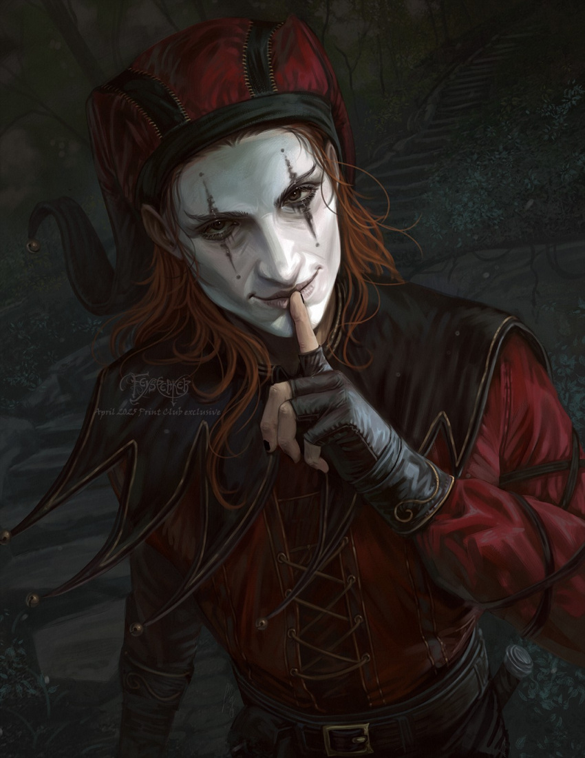 1boy, artist_name, black_gloves, brown_eyes, brown_hair, cicero_(skyrim), facepaint, feyspeaker