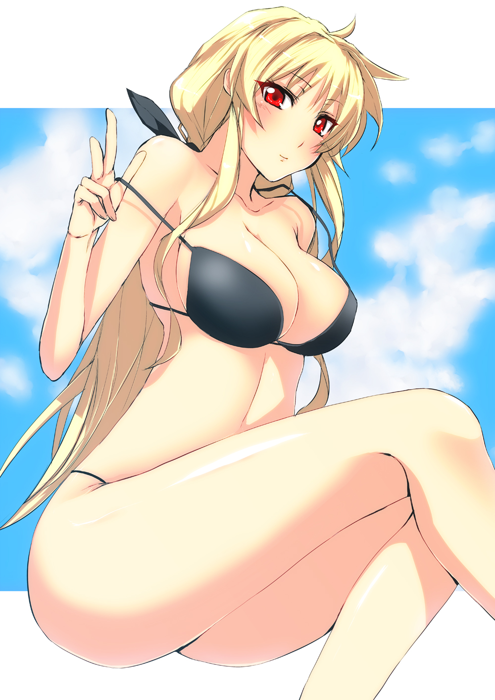 bad_id, bikini, black_bikini, blonde_hair, blue_sky, blush, breasts, erobouzu