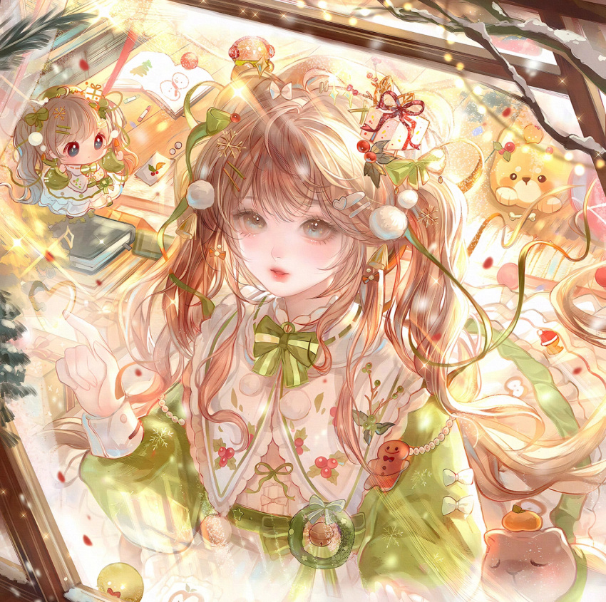 1girl, book, bow, bowtie, brown_hair, chibi, christmas, dress