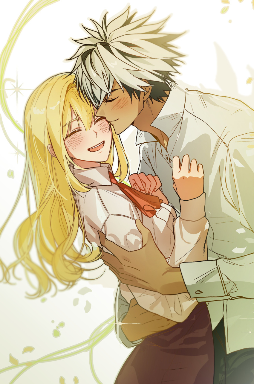 1boy, 1girl, absurdres, black_hair, blonde_hair, blush, couple, elsword
