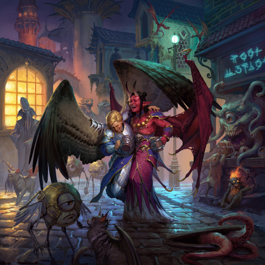 :d, absurdres, alcohol, angel, armor, beer, beholder, blonde_hair