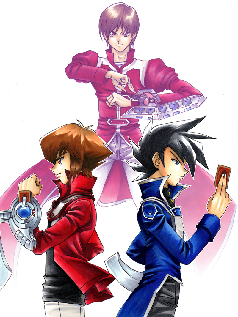3boys, black_hair, blue_eyes, brown_eyes, brown_hair, card, cards, duel_disk, glasses, hibiki_koyo, holding_card, long_coat, long_hair, manjoume_jun, multicolored_hair, multiple_boys, obelisk_blue_uniform, pile_of_cards, school_uniform, short_hair, slifer_red_uniform, smile, urin_(ususio), yu-gi-oh!, yuki_judai, yuu-gi-ou, yuu-gi-ou_(card), yuu-gi-ou_gx, yuuki_juudai