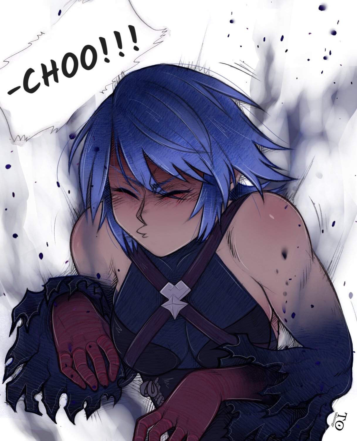 1girl, anti-aqua, aqua_(kingdom_hearts), bare_shoulders, blue_hair, breasts, closed_eyes, commentary