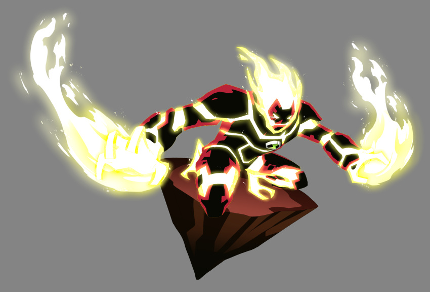 1boy, alien, fire, flaming_head, glowing, glowing_eyes, grey_background, heatblast