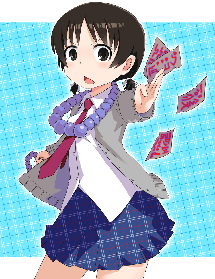 black_eyes, black_hair, cardigan, kurabayashi_aya, matsuoka_sakiko, mitsudomoe, necktie, ofuda