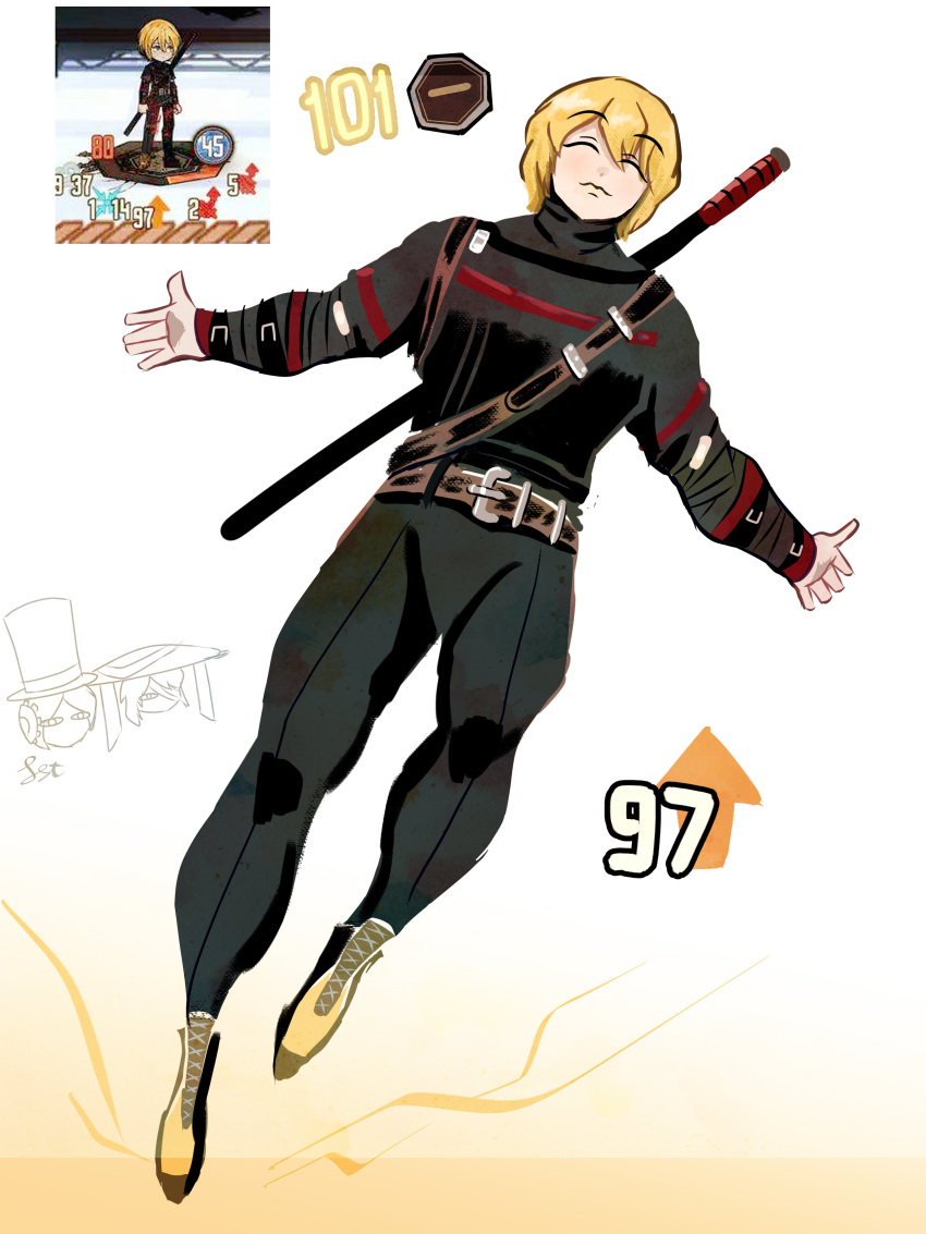 3girls, :3, absurdres, arm_belt, belt, black_pants, blonde_hair, chest_strap