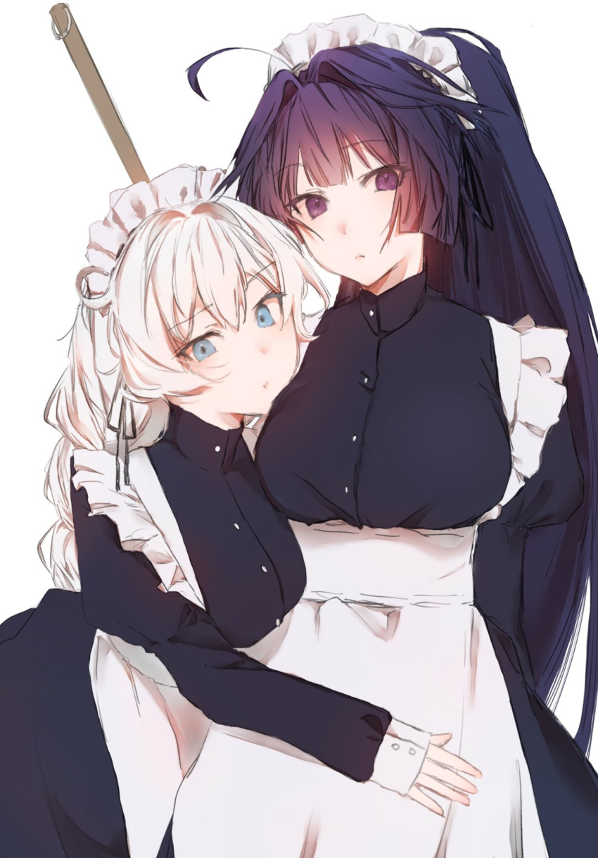 2girls, ahoge, alternate_costume, black_hair, blue_eyes, braid, breasts, buttons