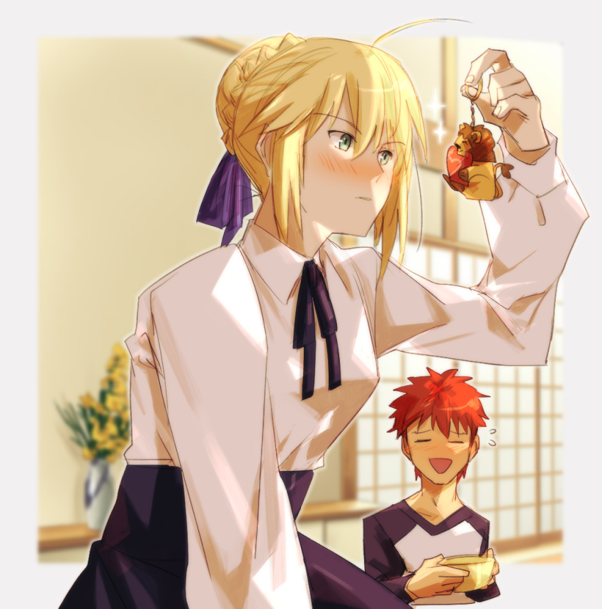 artoria_pendragon_(fate), blonde_hair, blush, casual, charm_(object), closed_eyes, emiya_shirou, fate/stay_night, fate_(series), flower_pot, hair_bun, hiffuu, high-waist_skirt, holding, holding_charm, indoors, inspecting, red_hair, saber_(fate), short_hair, skirt, sparkle, upper_body