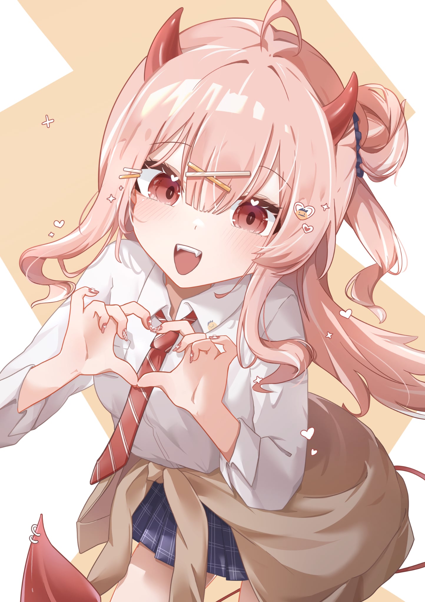 1girl, 8_nana_usagi, clothes_around_waist, hair_ornament, heart, heart_hands, highres, horns