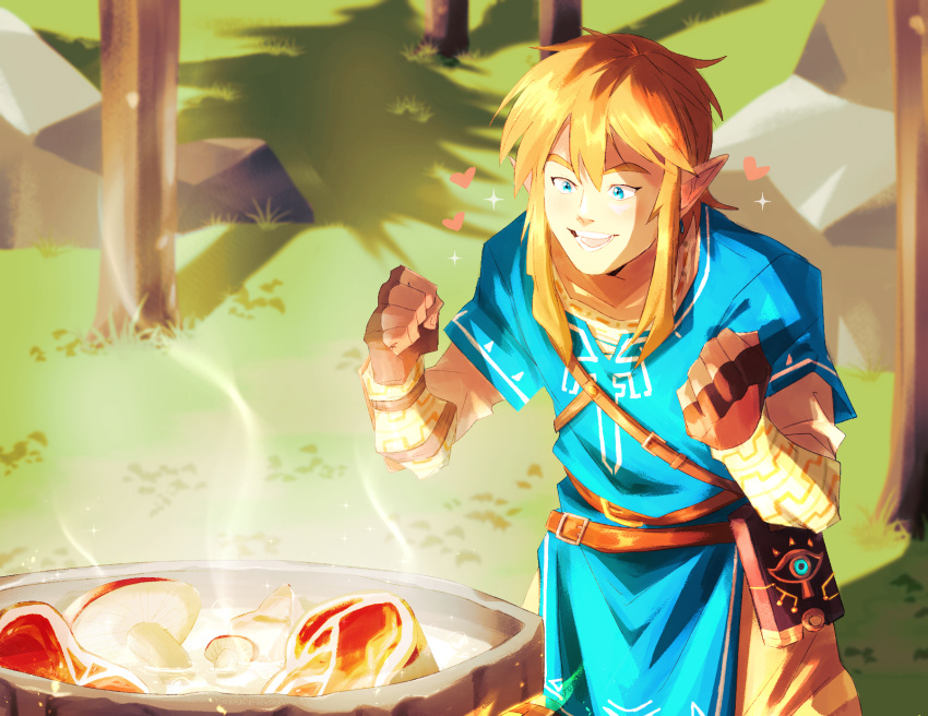 blonde_hair, blue_eyes, blue_tunic, cooking_pot, cowboy_shot, fingerless_gloves, food, gloves