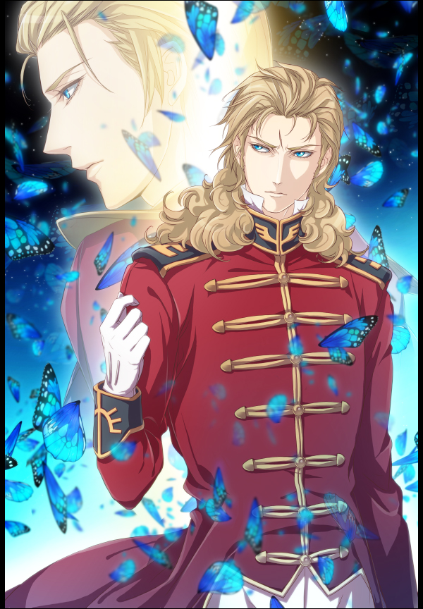 bad_id, blonde_hair, blue_eyes, butterfly, char's_counterattack, char's_counterattack, char_aznable, crossover, full_frontal, gloves, gundam, gundam_unicorn, long_hair, male, military, military_uniform, multiple_boys, scar, spoilers, styx16, uniform, wavy_hair, white_gloves