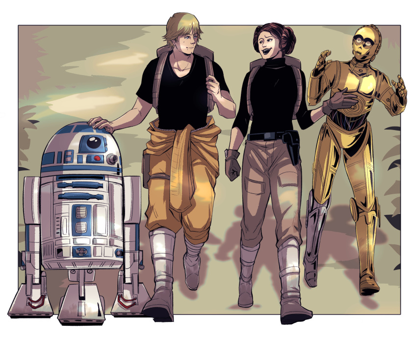 absurdres, black_shirt, blonde_hair, brown_gloves, brown_hair, c-3po, gloves, hiffuu