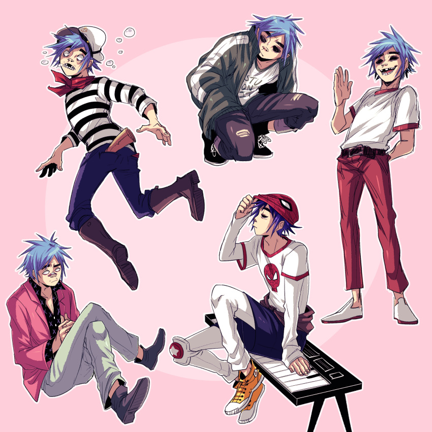 1boy, absurdres, blue_hair, bubble, full_body, gorillaz, hiffuu, highres