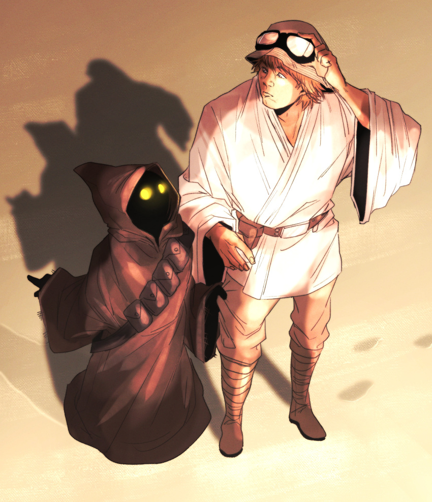 1boy, 1other, brown_cloak, bucket_hat, cloak, footprints, full_body, glowing