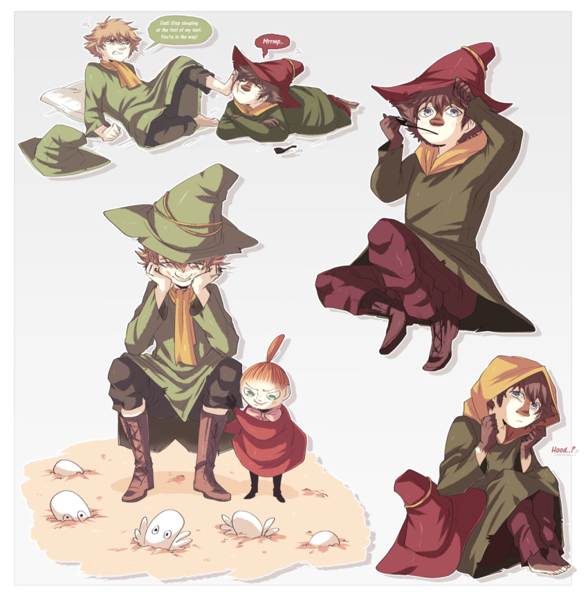 1boy, 1girl, 2boys, barefoot, blue_eyes, brown_hair, coat, father_and_son