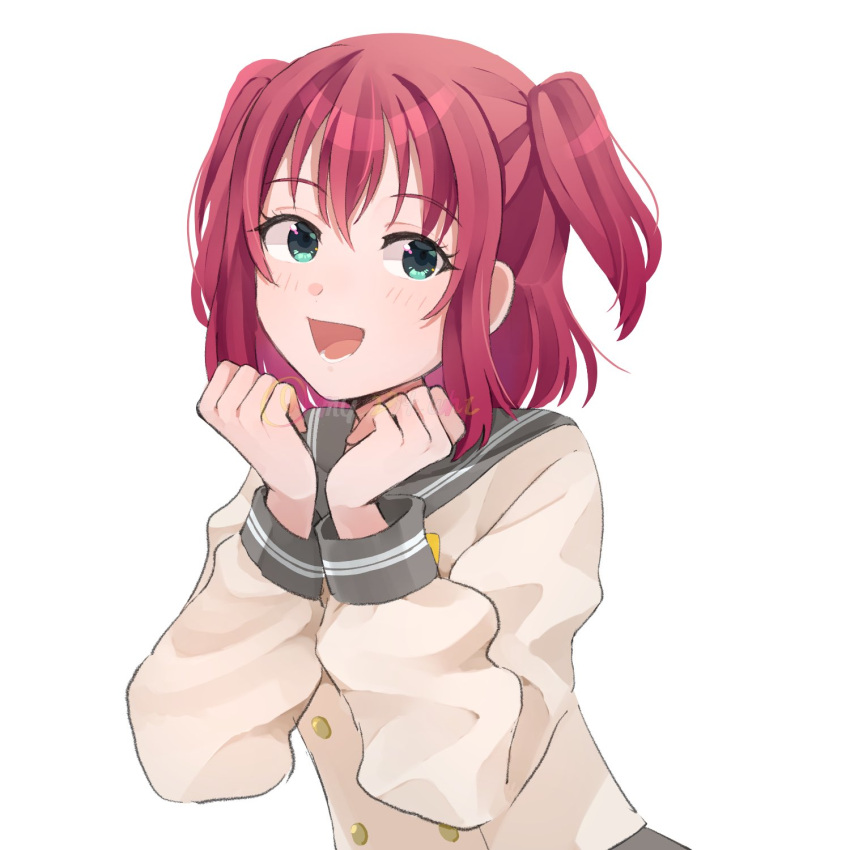 1girl, :d, aqua_eyes, blush, bow, bowtie, buttons, clenched_hands