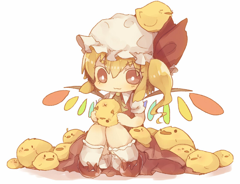 :3, animal, bird, blonde_hair, chibi, chick, flandre_scarlet, hat