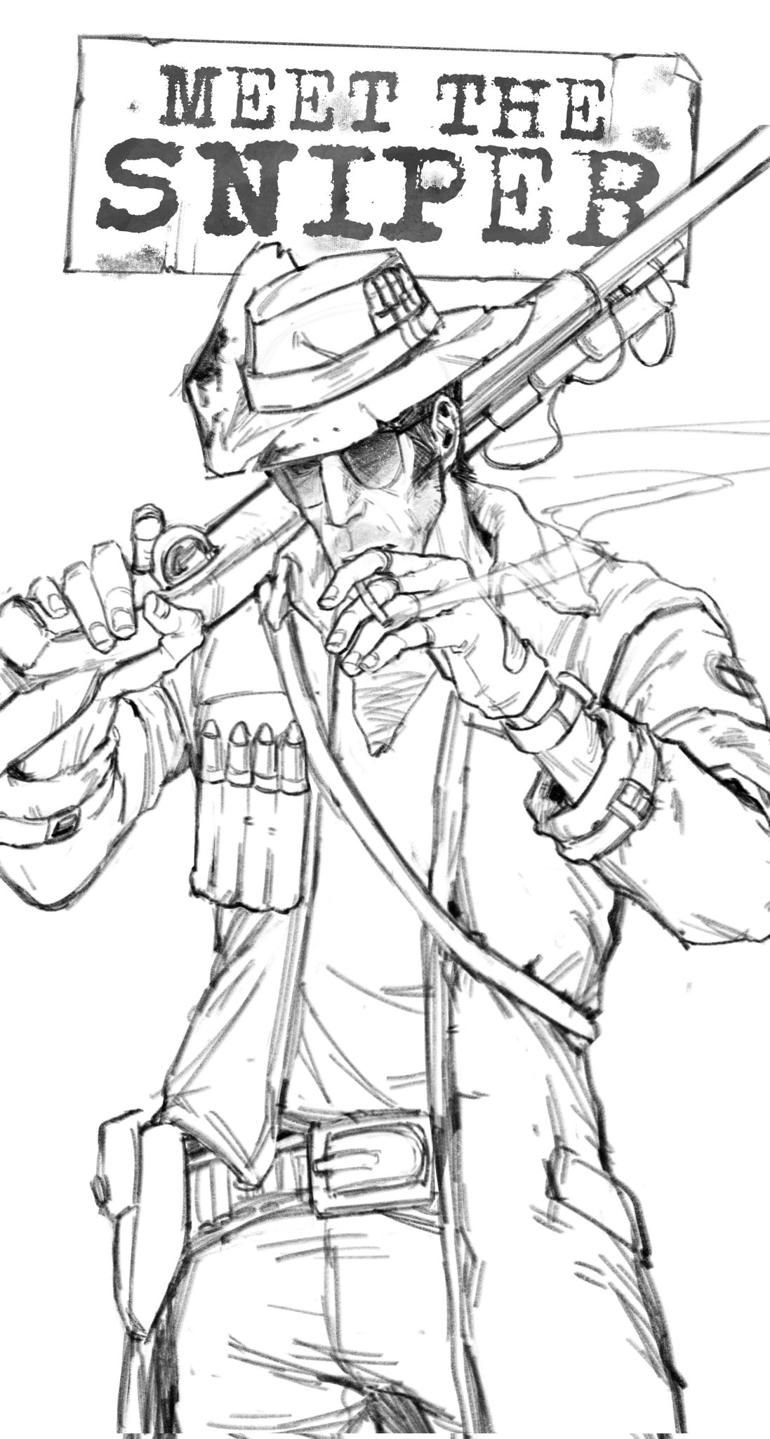 1boy, adapted_costume, blood_on_hat, chest_hair, cigarette, facial_hair, greyscale, gun, hat, highres, holding, holding_cigarette, long_coat, long_sleeves, male_focus, monochrome, musk8r, pocket, rifle, sideburns, sketch, sleeve_belt, smoking, sniper_(tf2), sniper_rifle, solo, stubble, sunglasses, team_fortress_2, trigger_discipline, v-neck, vest, watch, watch, weapon