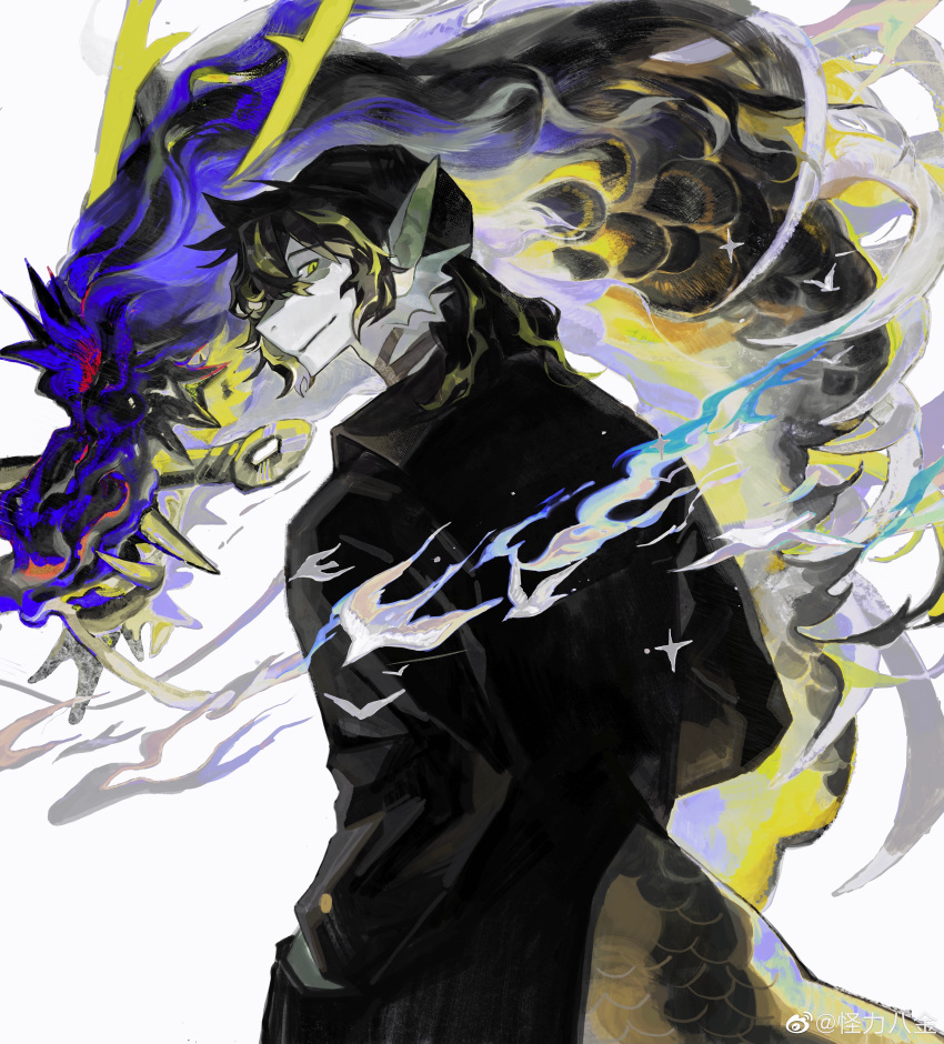 1boy, absurdres, arknights, black_hair, black_hat, black_jacket, dragon, dragon_boy
