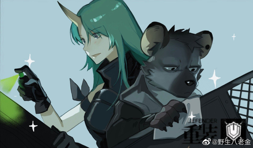 1boy, 1girl, animal_ear_piercing, arknights, black_gloves, black_shirt, bottle, claws