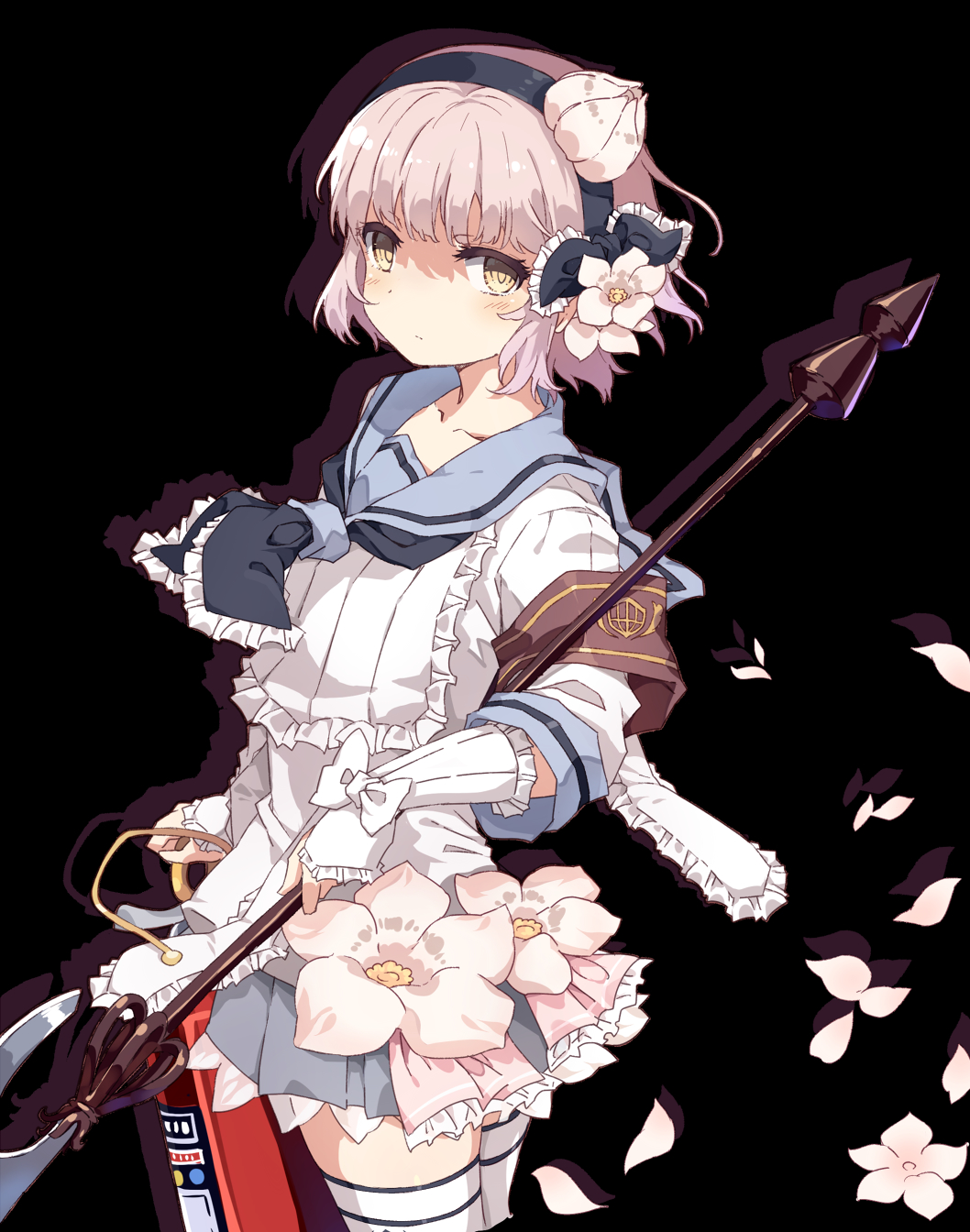 1girl, black_background, black_hairband, black_neckerchief, blue_sailor_collar, commentary_request, cowboy_shot, drop_shadow