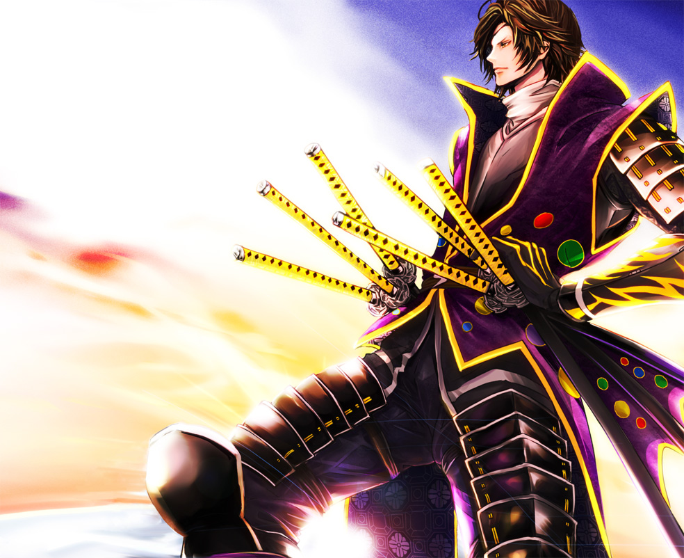 alternate_costume, aratako, armor, brown_hair, date_masamune, date_masamune_(sengoku_basara), eyepatch, katana
