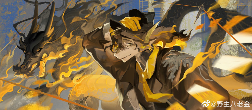 1boy, arknights, black_hat, black_jacket, dragon, dragon_boy, dragon_tail, eastern_dragon