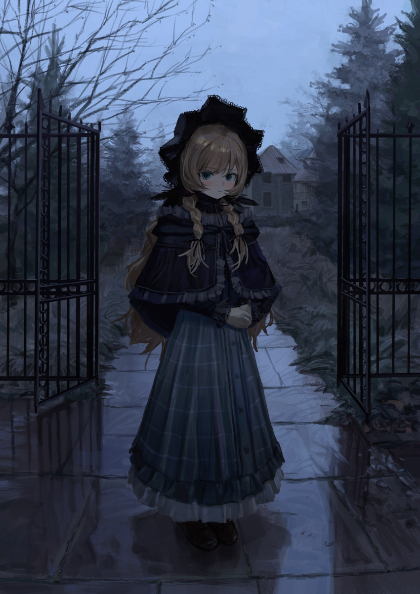 1girl, absurdres, an_yb, black_bonnet, black_cape, black_ribbon, black_shoes, blonde_hair