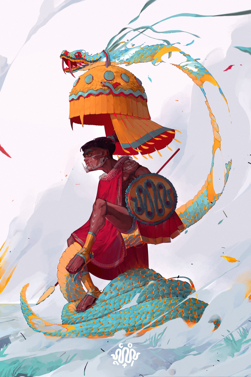 1boy, absurdres, aqua_scales, aztec, dark-skinned_male, dark_skin, full_body, highres