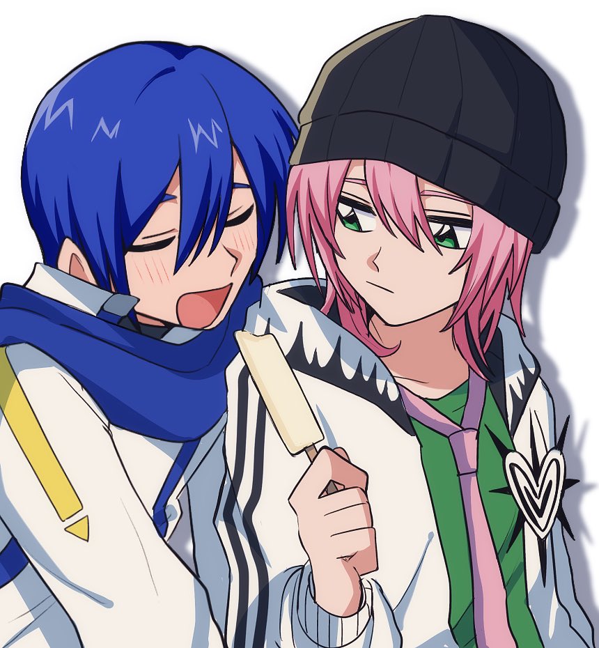 2boys, 66_(roro), beanie, blue_hair, closed_eyes, coat, food, green_eyes, hat, holding, holding_food, holding_popsicle, hood, hood_down, hoodie, imminent_bite, kaito, kaito_(vocaloid), long_hair, long_sleeves, looking_at_another, looking_to_the_side, male_focus, multiple_boys, necktie, neko_chenna, open_clothes, open_hoodie, open_mouth, pink_hair, popped_collar, popsicle, scarf, short_hair, smile, upper_body, vocaloid, vy2