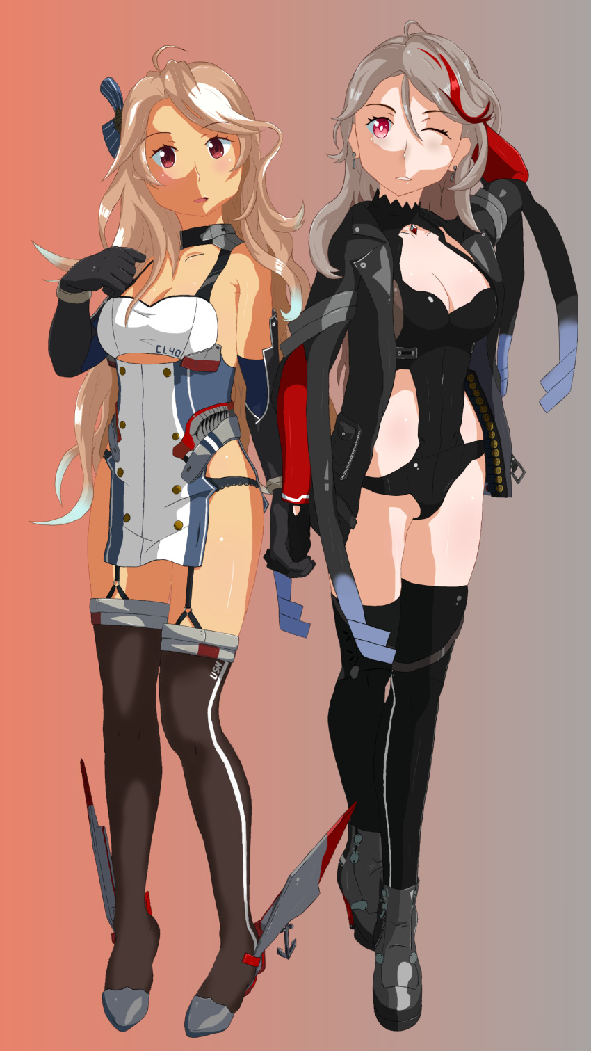 2girls, absurdres, azur_lane, bare_shoulders, black_gloves, bow, breasts, brooklyn_(azur_lane)