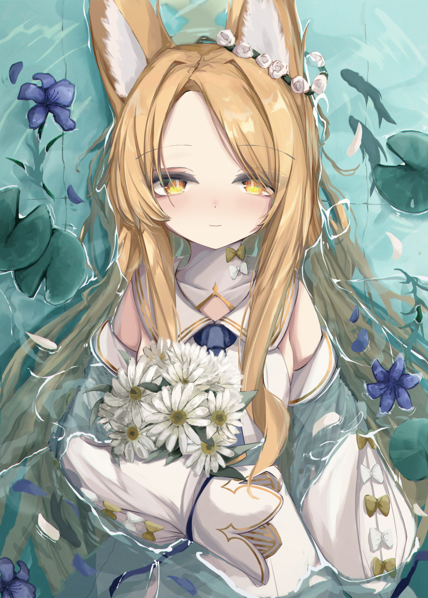 1girl, absurdres, animal_ear_fluff, animal_ears, blue_archive, blue_flower, blush, detached_sleeves