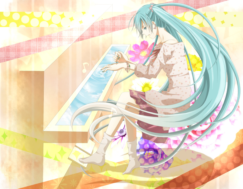 aqua_eyes, aqua_hair, bracelet, dress, earrings, flower, footwear, hatsune_miku, highres, jewelry, jur-jur, kutsushita_(jur), long_hair, nail_polish, sitting, skirt, socks, solo, twintails, very_long_hair, vocaloid