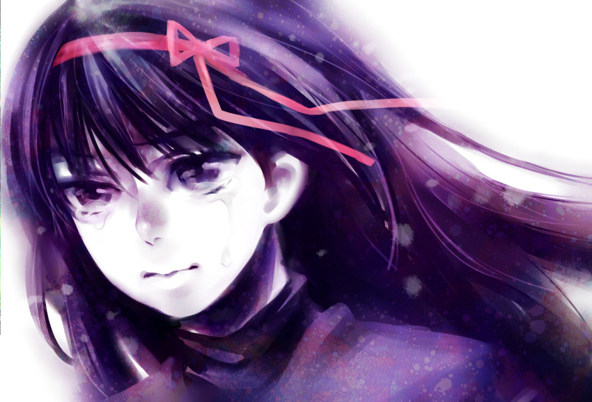 akemi_homura, close, crying, hair_ribbon, long_hair, mahou_shoujo_madoka_magica, portrait, purple_hair